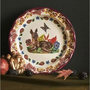 ANTHROPOLOGIE Nathalie Lete Floral Fawn Woodland Creatures Dessert Plate NEW